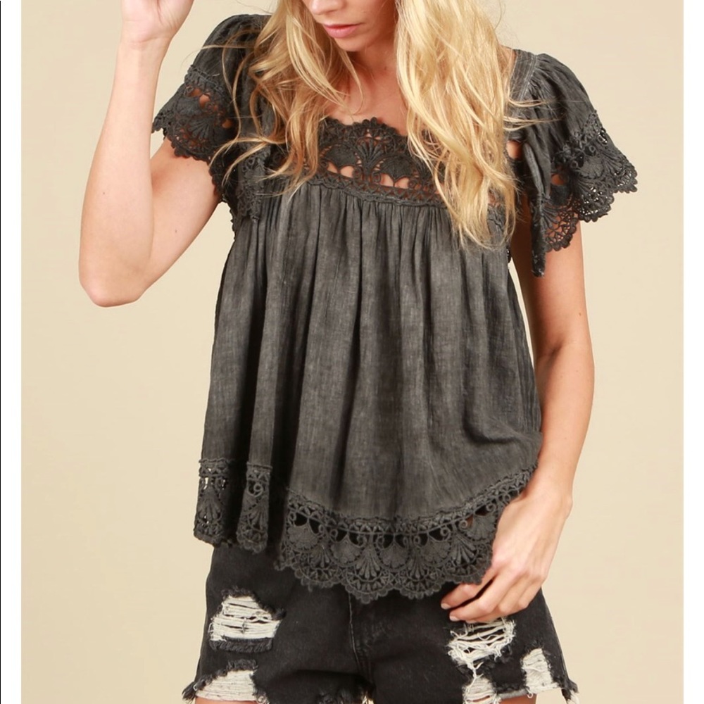 Washed Black Crochet baby doll tank top
